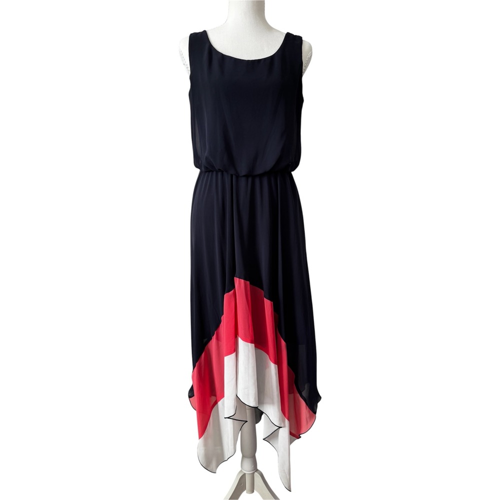 EnFocus Studio Women's Sleeveless Hi Low Colorblock Midi Dress Size 6 Blue Coral